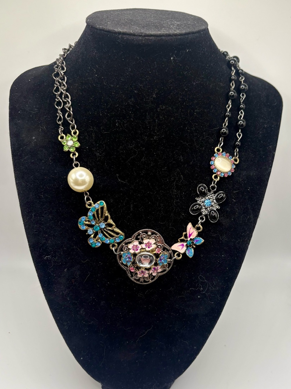 Rare Anna Sui Butterfly Floral Rhinestone Pearl Necklace Collectible 16”